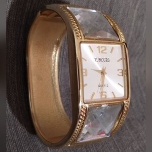 Rumours Bangle Bracelet Quartz Watch Hinge Open/Close & Large Square Rhinestones